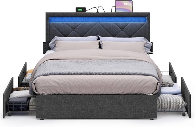 Photo 1 of ***PARTIAL SET (1/2) - PRICE ADJUSTED***
***STOCK PHOTO FOR REFERENCE ONLY***
***TRUCK/TRAILER PICKUP ONLY***
VASAGLE LED Bed Frame Full Size, Full Bed with Headboard and 4 Drawers, 1 USB Port and 1 Type C Port, Adjustable Upholstered Headboard 37.1/39.6 