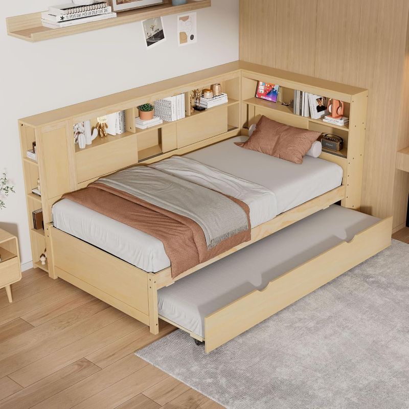Photo 1 of ***PARTIAL SET (BOX #2 OF 2) - PRICE ADJUSTED***
SOFTSEA Twin Size Daybed with Trundle and Bookshelves, Wood Daybed with USB Ports & Side Storage, Twin Corner Bed Frame with Convertible Headboard for Kids Teens Adults, Natural
