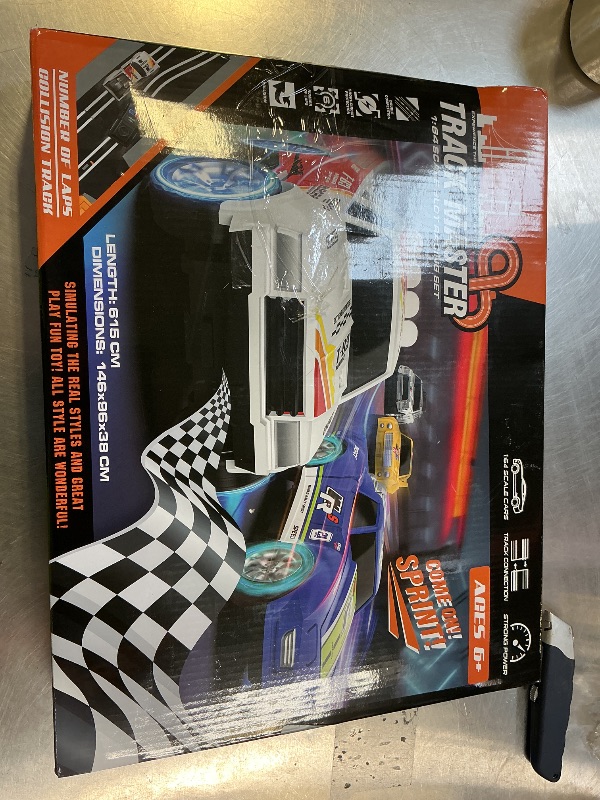 Photo 1 of Slot Car Race Track Sets with 4 Slot Cars, Electric Race Car Track Include Slope Circular Overpass Track, Dual Racing Game Featuring Flash Bridge and Pendulum, Gifts Toys for Boys Kids Age 6 7 8-12