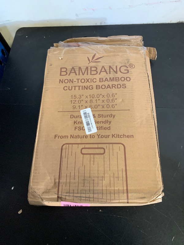 Photo 1 of BAMBANG Bamboo Cutting Board, Dark Carbonized Chopping Boards Set of 3 with Stand, Butcher Block with Deep Juice Groove, Non-Toxic Wooden Cutting Boards for Kitchen Meal Prep & Serving
