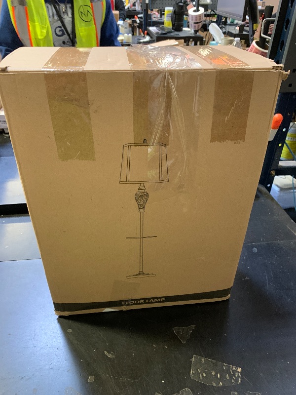 Photo 1 of Rustic Floor Lamp for Living Room with Nightlight and Glass Tray, Vintage Standing Lamp with Beige Faux Silk Shade, Farmhouse Tall Lamp for Bedroom Study Home Office Hotel Bar - Brown (Bulb Included)