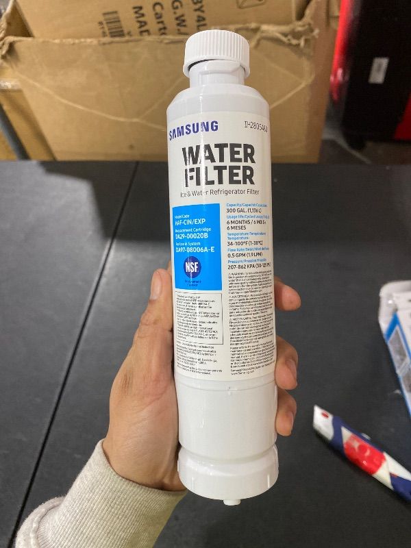 Photo 1 of SAMSUNG Genuine Filter for Refrigerator Water and Ice, Carbon Block Filtration, Reduces 99% of Harmful Contaminants for Clean, Clear Drinking Water, 6-Month Life, HAF-QIN/EXP, 1 Pack