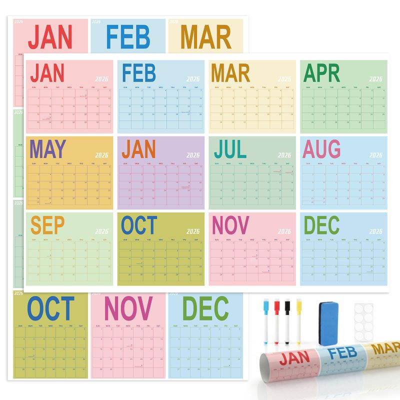 Photo 1 of 2026 Wall Planner 34.8"x22.8" Rolled Dual-Sided Dry Erase Calendar with 8 Adhesive Dot Stickers, Horizontal/Vertical, Large Monthly Yearly Planner For Office Home Students, Colorful Grid Design