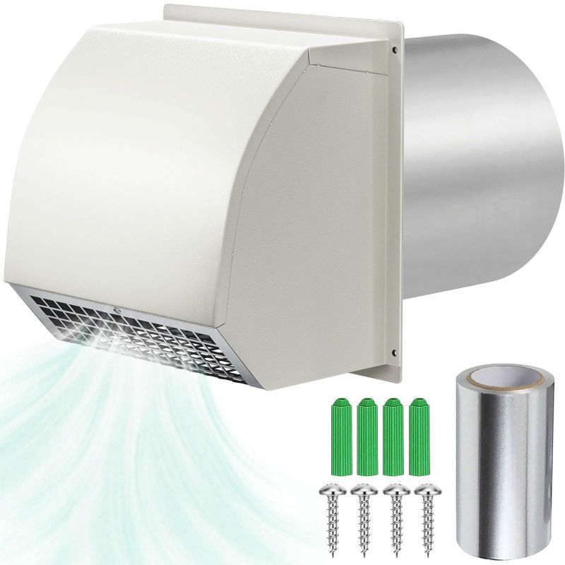Photo 1 of 8 Inch Hooded Wall Vent with Damper&Screen, Wall Exhaust Vent Cover Cap, White Dryer Cover Outside, External Extractor Covers Hood for Residential Housing Kitchen Range Hood Air Ventilation
