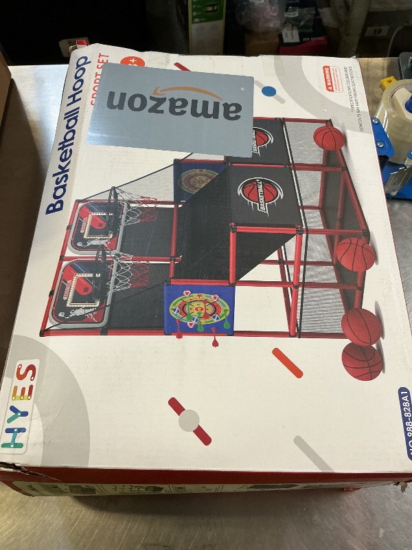 Photo 1 of **INCOMPLETE** HYES 2 in 1 Dual Shot Basketball Arcade Game with 2 Dart Boards/Electronic Scoreboard/LED Light, Kids Basketball Hoop for Home Indoor Outdoor, Sport Toys for Boys Girls