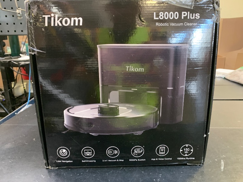 Photo 1 of Tikom Robot Vacuum and Mop, 6000Pa Robotic Vacuum Cleaner with Self-Emptying Base, 90 Days Capacity, LiDAR Navigation, Home Mapping, Ideal for Pet Hair, Hard Floors, Carpet (L8000 Plus)