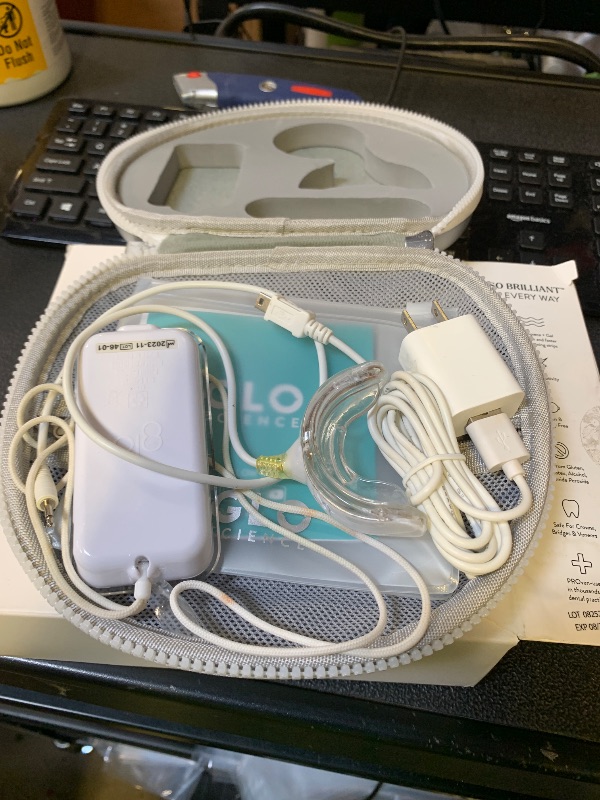 Photo 1 of GLO Science So Brilliant Tooth Whitener Set – Unique Heat Technology for Fast, Sensitivity Free Teeth Whitening – Patented Mouthpiece with LED Light, Gel Pods with 6% HP, Lip Balm, & Travel Case