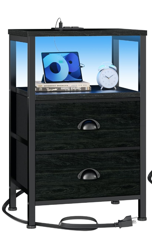 Photo 1 of **USED** Furologee Nightstand, End Table with Charging Station and LED Lights, Black Nightstand with 2 Fabric Drawers, Bedside Table for Living Room/Bedroom,Black Oak