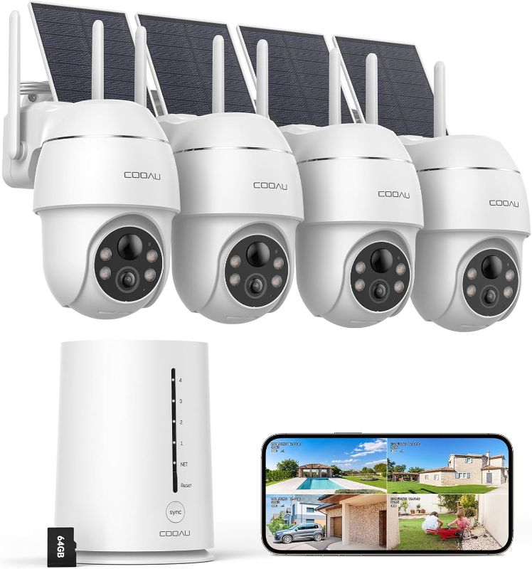 Photo 1 of COOAU 4MP Cameras for Home Security, Solar Security Camera Wireless Outdoor System,4 Cam-Kit,360° Pan & Tilt,Color Night Vision,Motion Detection,No Monthly Fee,Siren Alarm,IP66,64GB Memory Card