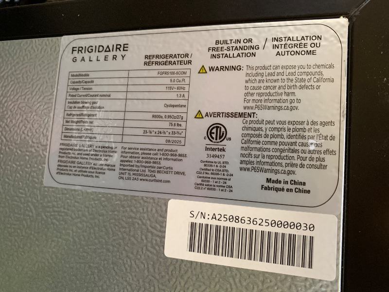 Photo 1 of Frigidaire 5.0 CU FT./142L capacity built in under counter fridge. Frost free, Staineless Steel