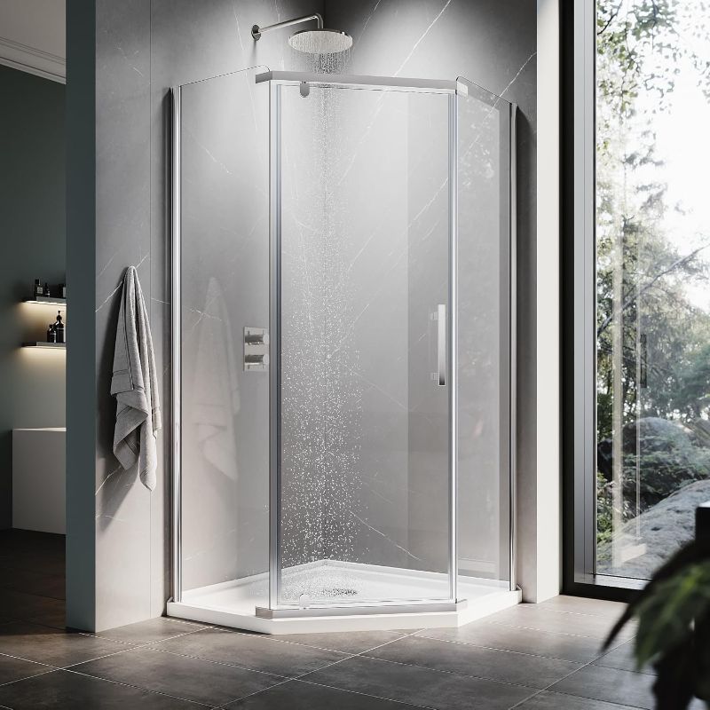 Photo 1 of ELEGANT Neo-Angle Frameless Shower Door 36.5 in. W x 72 in. H, Corner Shower Enclosure with 1/4" Clear Glass, Pivot Shower Doors in Chrome Finish, Shower Base Not Included