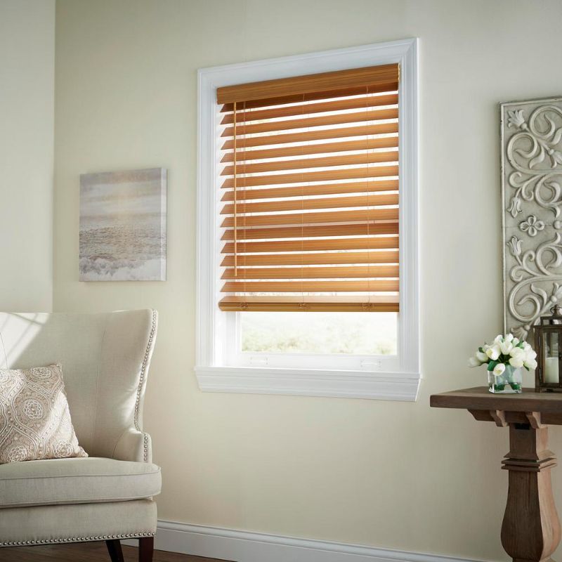 Photo 1 of Chestnut Cordless Premium Faux Wood Blinds with 2.5 in. Slats - 72 in. W X 48 in. L (Actual Size 71.5 in. W X 48 in. L)
