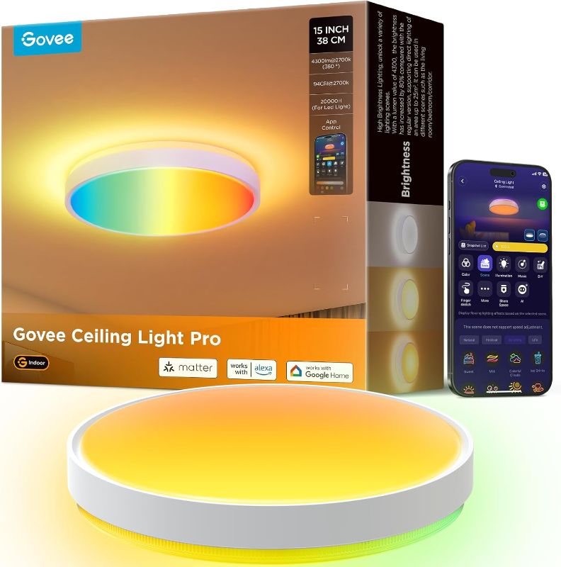 Photo 1 of Govee Smart Ceiling Light 4300LM, RGBIC LED Ceiling Light Fixture Works with Matter, Flush Mount Light Fixture, DIY Colors, 2700K-6500K Dimmable for Bedroom, Living Room, 15 Inch, 1 Pack
