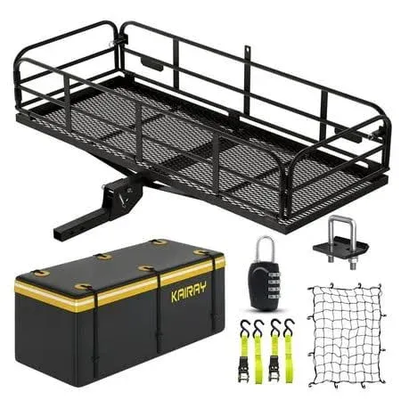Photo 1 of 500 Lbs Heavy Duty Hitch Mount Cargo Carrier 60"x24"x14.4" Folding Rear Luggage Rack Basket Fits 2" Receiver for Car SUV Camping Traveling with Stablizer Waterproof Bag Net Ratchet Straps Lock

