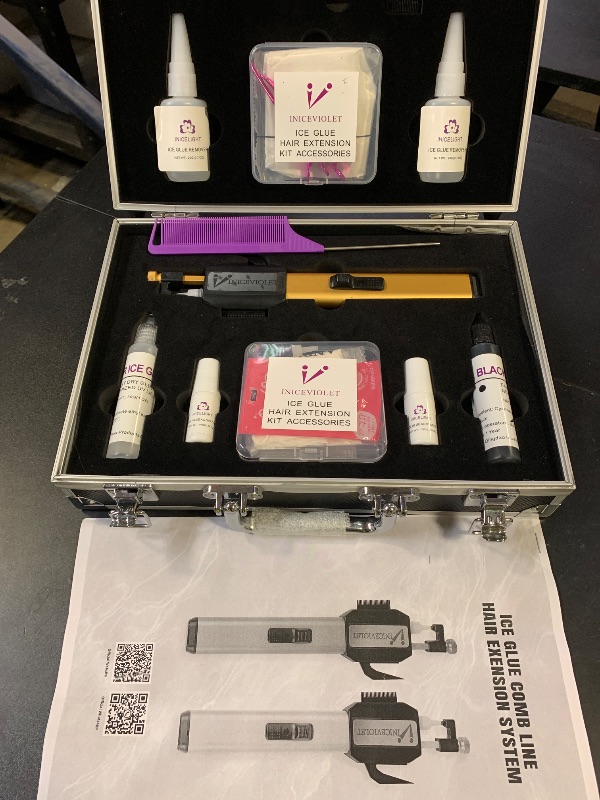 Photo 1 of UV Light Hair Extension Kit – Ice Glue Comb Line Machine, Cold Glue & Remover & Extra Fast Curing Agent, Professional Comb Line Human Hair Extensions kit Without V Light for Salon (Gold-Kit)