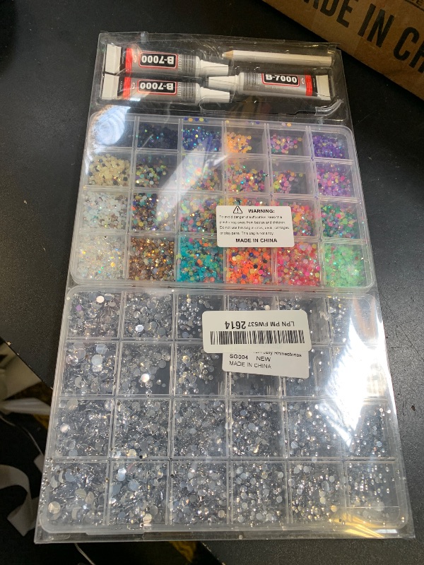 Photo 1 of **INCOMPLETE** 2 Boxes Rhinestones for Bedazzling Kits, Multicolor 3mm & Silver Clear 2/3/4/5/6mm Resin Flatback Gems for Diamond Art, Bedazzler Kit with 3Pcs 10ml B7000 Jewelry Glue for DIY Crafting Crafts Decor