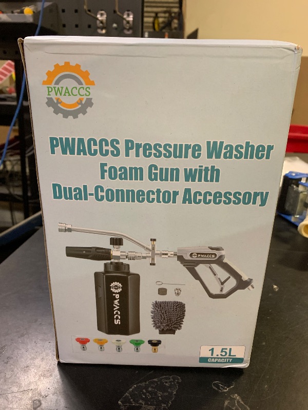Photo 1 of PWACCS Pressure Washer Foam Gun with Dual Connector Accessory, Short Power Washer Gun Foam Cannon and Double Tip Attachment Car Wash Kit, 1/4" Quick Connector, M22 Male Inlet, 4000 PSI, 1.5 Liter