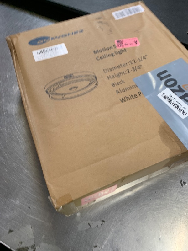 Photo 1 of OYKYOHEI Motion Sensor Outdoor Ceiling Light, Flush Mount LED Ceiling Light Fixture, 12" Dusk to Dawn Porch Lights for Outdoor Ceiling, Black Ceiling Lamp for Entryway, Garage, Hallway