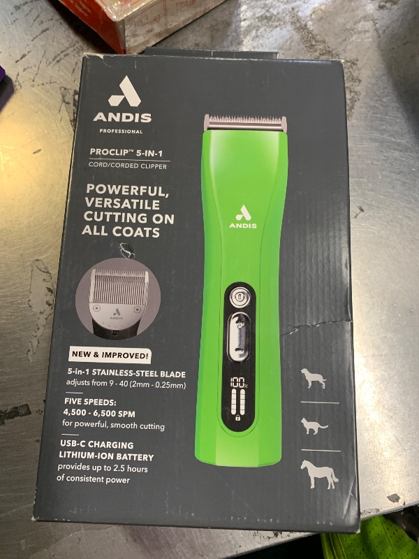 Photo 1 of Andis 563231 ProClip 5-in-1 Adjustable Blade Cord/Cordless Pet Hair Clipper, 5 Blade Settings, 5 Speeds, Feather Light, Digital Display Screen, Green