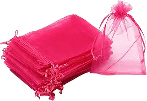 Photo 1 of 100Pcs Organza Bags 4x6 Inch, Hot Pink Small Jewelry Bag Drawstring Mesh Gift Bags Wedding Party Favor Christmas Candy Pouches