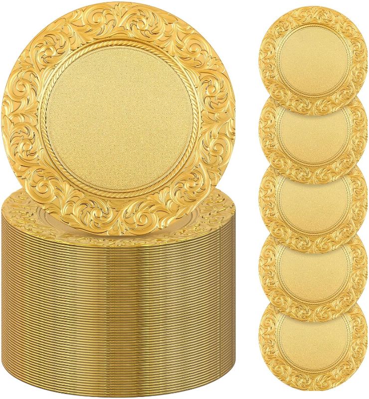 Photo 1 of Uiifan 150 Pcs Antique Charger Plates Bulk 13'' Plastic Embossed Dinner Plate Chargers Round Floral Plates for Wedding Decorative Chargers for Table Dinner Kitchen Party Decoration (Gold)
