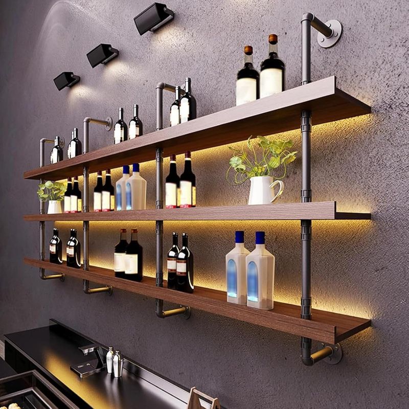 Photo 1 of 50 in Large Wine Rack with LED Light Solid Wood Wall Mounted Wine Rack, 3-Tiers Liquor Bottles Floating Shelves Display Storage Organizer for Home Bar & Dining Room (140cm/55.1in)

