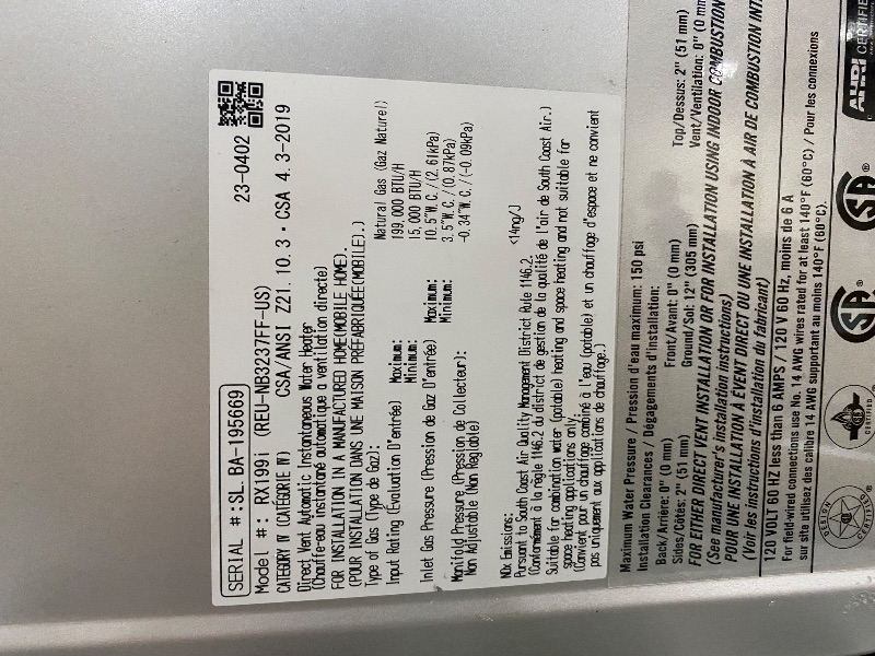 Photo 1 of 
Rinnai  Sensei Super High Efficiency Plus 11 GPM 199,000 BTU Natural Gas/Propane Indoor/Outdoor Tankless Water Heater
