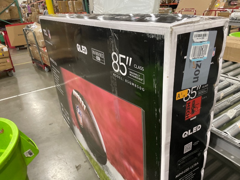 Photo 1 of **DAMAGED*** TCL 85-Inch QM8 QLED 4K Smart Mini LED TV with Google TV (85QM850G, 2023 Model) Dolby Vision, Dolby Atmos, HDR Ultra, Game Accelerator up to 240Hz, Voice Remote, Works with Alexa, Streaming Television