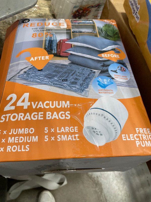 Photo 1 of 24 Pack Vacuum Storage Bags with Electric Pump, (5 Jumbo, 5 Large, 5 Medium, 5 Small, 4 Roll Up Bags) Space Saver Bag for Clothes, Mattress, Blanket, Duvets, Pillows, Comforters,Travel
