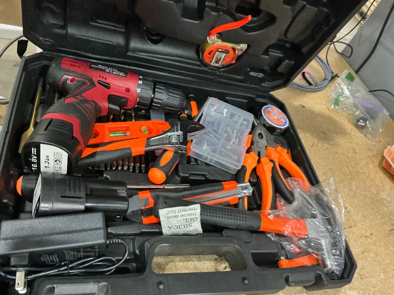 Photo 1 of 108 Piece Power Tool Combo Kits with 16.8V Cordless Drill, Household Tools Set with DIY Hand Tool Kits for Professional Garden Office Home Repair Maintain-Black/Red