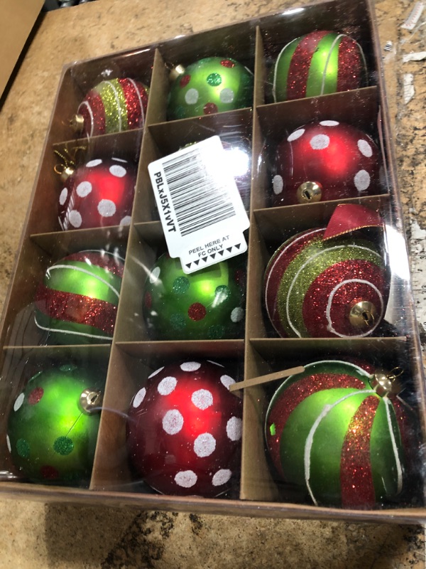Photo 1 of 12PCS Green Red Christmas Ball Ornaments, 3.15" Large Shatterproof Plastic Hand-Painted Glitter Xmas Tree Decorations (Green)