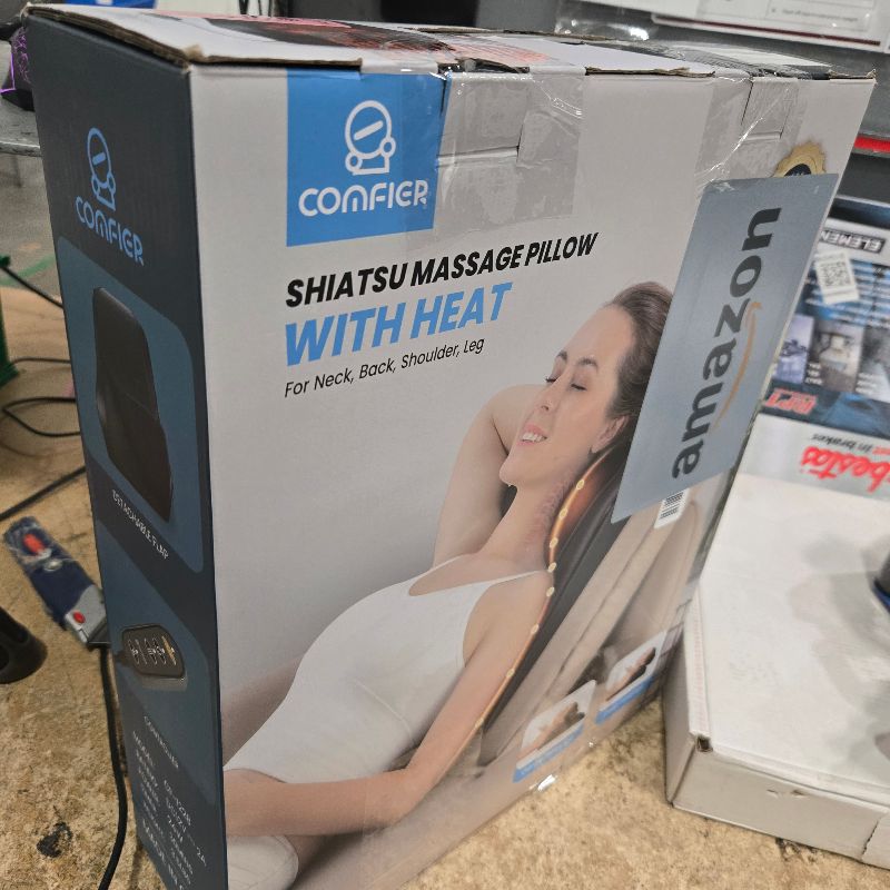 Photo 1 of **Used** COMFIER Back Massager with Heat, Deep Tissue Shiatsu Neck and Back Massager for Pain Relief, Chair Use Massager Pillow with Adjustable Flap, White Elephant Gift for Women Men