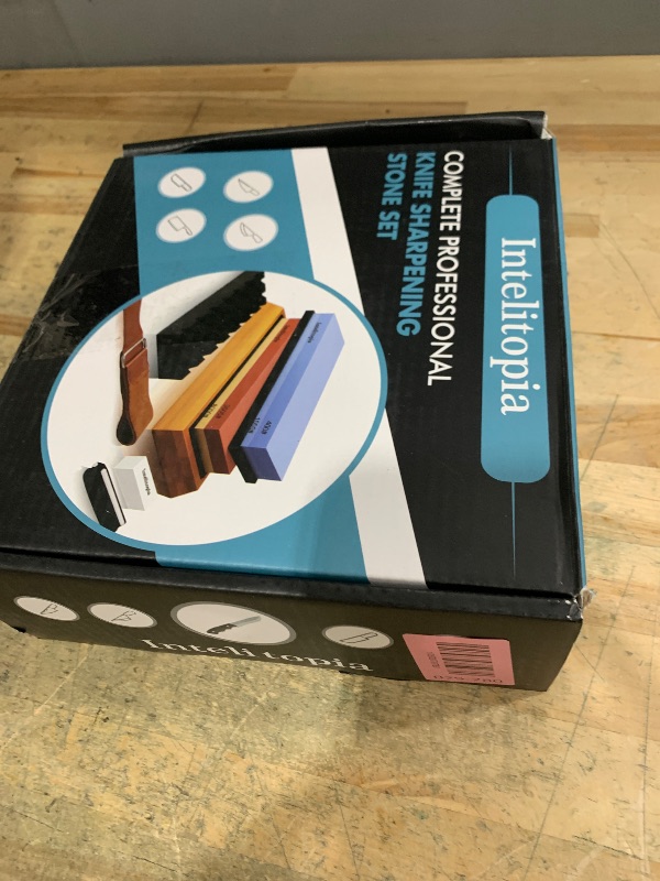 Photo 1 of ***missing red stone**Intelitopia Complete Knife Sharpening Stone Set – Dual Grit Whetstone 400/1000 3000/8000 Knife Sharpener with Leather Strop, Flattening Stone, Bamboo Base, 3 Non-slip Rubber Bases & Angle Guide