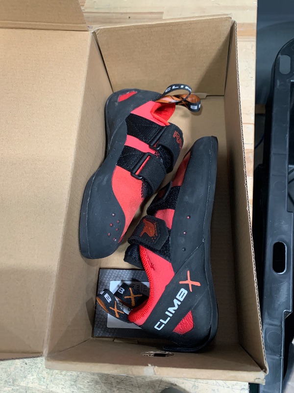 Photo 1 of **ONE HEEL IS DAMAGED**CLIMBX Rave Strap Climbing Shoe, Racing Red