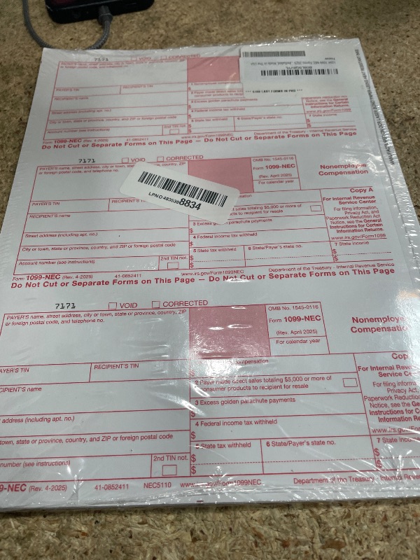Photo 1 of 1099 NEC Forms 2025 4 Part Tax Forms Kit of Laser Forms, Compatible with QuickBooks and Accounting, 25 Pack, Software and Envelopes NOT Included, Made in The USA