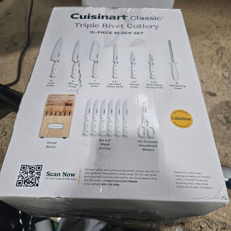 Photo 1 of **Missing one** Cuisinart 15-Piece Knife Set with Block, High Carbon Stainless Steel, Forged Triple Rivet, White, C77WTR-15P