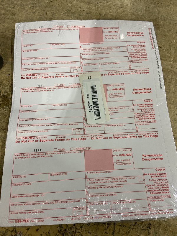 Photo 1 of 1099 NEC Copy A Forms 75 Forms (25 Sheets) Federal Income Laser Tax Forms, 2025