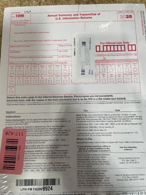 Photo 1 of 1096 Transmittal Tax Forms 2025. 10 Pack Laser 1096 Transmittal Summary Tax Forms 2025 Compatible with QuickBooks and Accounting Software, Use for 1099 NEC, MISC, INT, and Other 1099 Forms