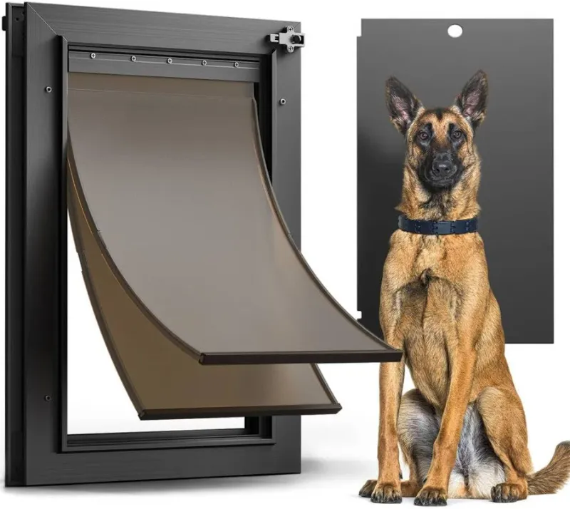Photo 1 of [Fingerping] Aluminum Large Dog Door for Exterior Door,Strong Double Magnetic Flaps,Heavy-Duty Doggie Door for L arge and Medium Dog Up to 110LBS (Black, Large)
