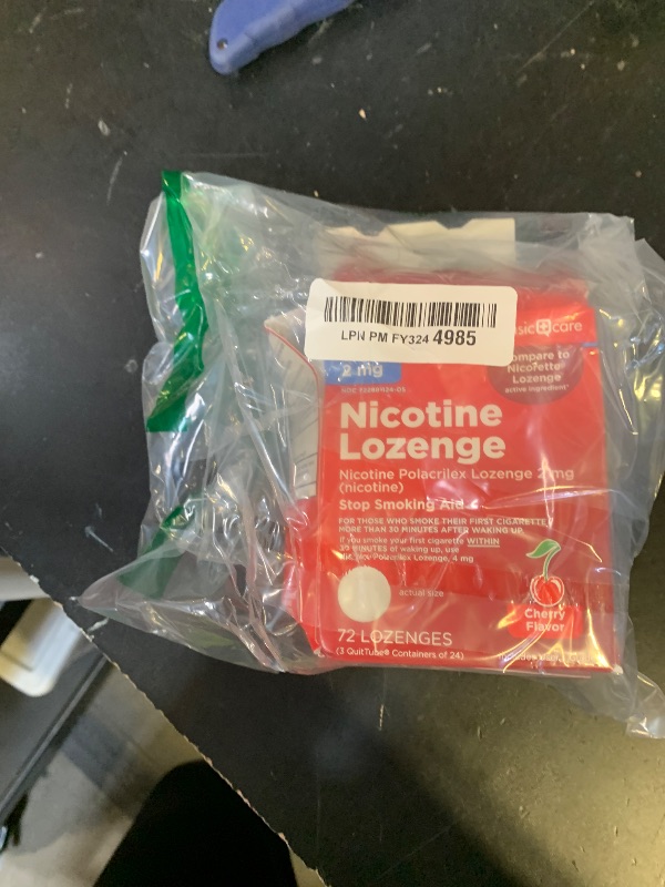 Photo 1 of Amazon Basic Care Nicotine Polacrilex Lozenge, 2 mg (Nicotine), Cherry Flavor, Stop Smoking Aid, Reduces Cravings, Nicotine Replacement Therapy, 72 Count
