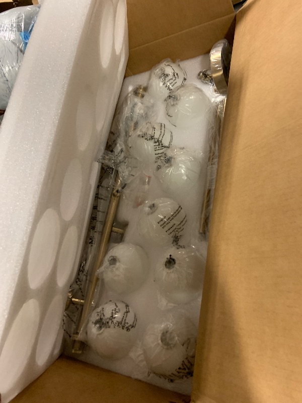 Photo 1 of 7PMBEANE Modern Linear Chandelier, Mid Century Gold Brass Sputnik Pendant Light with White Glass Lampshade,8 Lights Globe Rectangle Chandelier,for Dining Room Kitchen L31.4 xW10.6