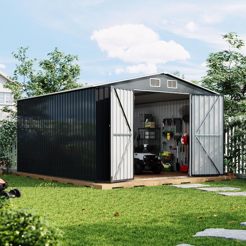 Photo 1 of Garvee 10 x 12 ft Outdoor Storage Shed, Heavy-Duty Waterproof Tool Shed Storage with Lockable Door, Vents and Updated Frame Structure, Large Metal Tool Shed for Backyard, Patio Lawn, Grey (parts unknown if partial set)