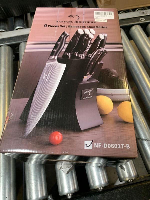 Photo 1 of NANFANG BROTHERS Knife Set, 9 Pieces Damascus Kitchen Knife Set with Block, ABS Ergonomic Handle for Chef Knife Set, Knife Sharpener and Kitchen Shears, Knife Block Set