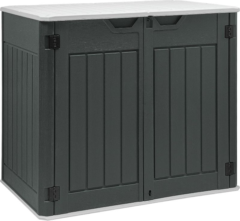 Photo 1 of YITAHOME Large Outdoor Horizontal Storage Shed, 47 cu ft Resin Tool Shed w/o Shelf, Waterproof Outdoor Storage with Floor for Trash Cans, Garden Tools, Lawn Mower, Lockable, 4.5x2.8x3.9 ft, Dark Gray
