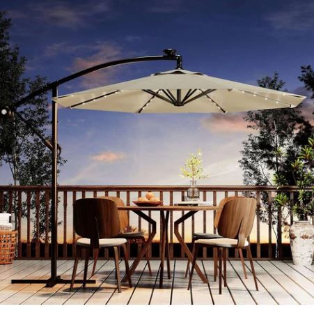Photo 1 of Garvee 10' Solar Lights Offset Patio Umbrella, Cantilever Umbrella with Easy Lift & Tilt Adjustment, 8 Ribs Sun Umbrella UV Protection, Beige (lights not included) 