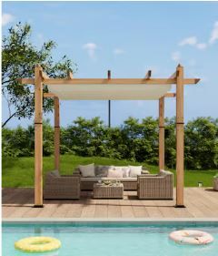 Photo 1 of Garvee 10x10 Retractable Pergola Aluminum Outdoor Pergola with Faux Wood Finish Retractable Canopy for Patio or Deck or Garden or Beach or Pavilion Wood and Beige (factory sealed)
