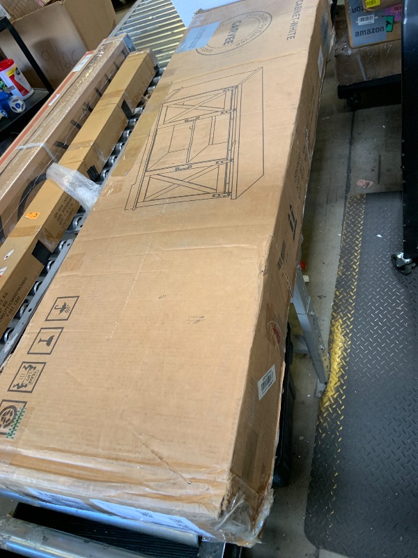 Photo 1 of IDEALHOUSE Farmhouse Tv Stand for 65 inch TVs, Entertainment Center with Sliding Barn Doors and Adjustable Shelf, Modern Storage Media TV Console TV Stand Table for Living Room, Bedroom, White & Brwon