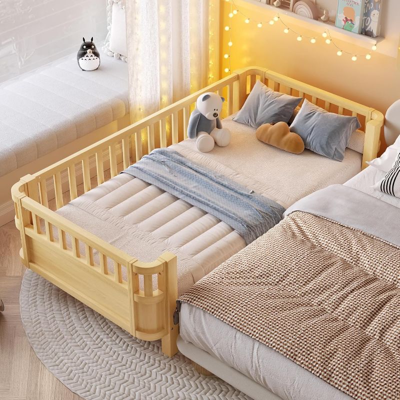 Photo 1 of Twin Size Co-Sleeper & Bedside Sleeper for Kids, Wood Platform Floor Bed with Detachable Safety Guardrails, Montessori Inspired, Natural
