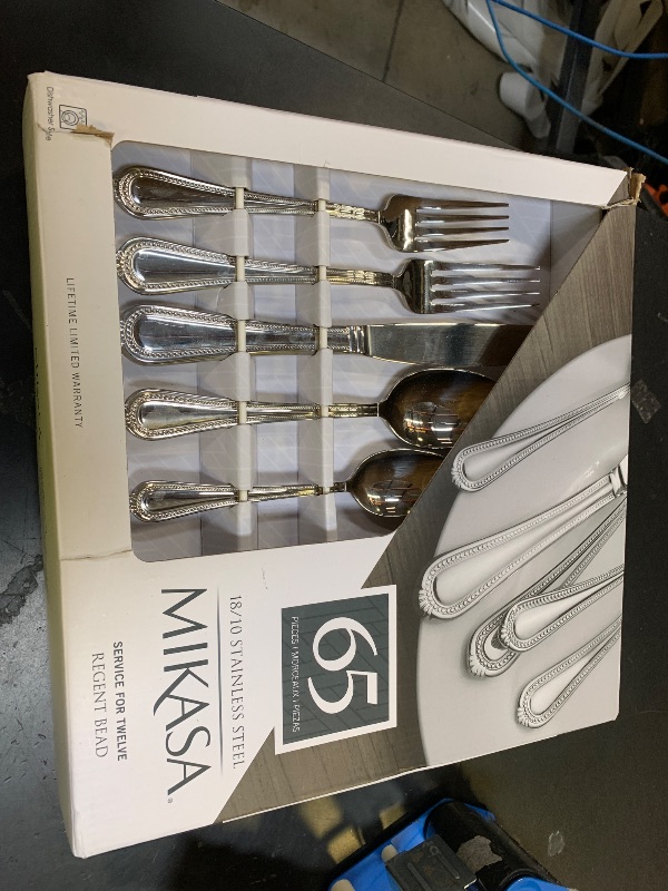 Photo 1 of Mikasa Regent Bead 65-Piece Silverware Set, 18/10 Stainless Steel Flatware Service for 12, Includes 5 Serving Tools, Dishwasher Safe Polished Cutlery