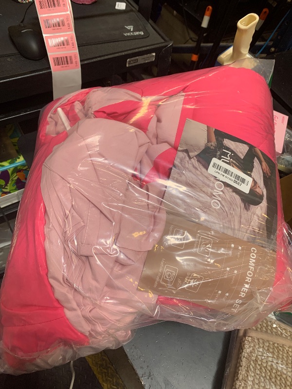 Photo 1 of MUXHOMO 7 Pieces Full Comforter Set, Reversible Bed in a Bag Full Size, All Season Bedding Set with Comforter, Flat Sheet, Fitted Sheet, Pillowcases & Shams, Hot Pink & Baby Pink